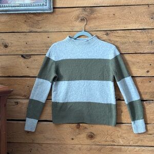 JCrew wool stripped sweater small green and cream color mock turtleneck